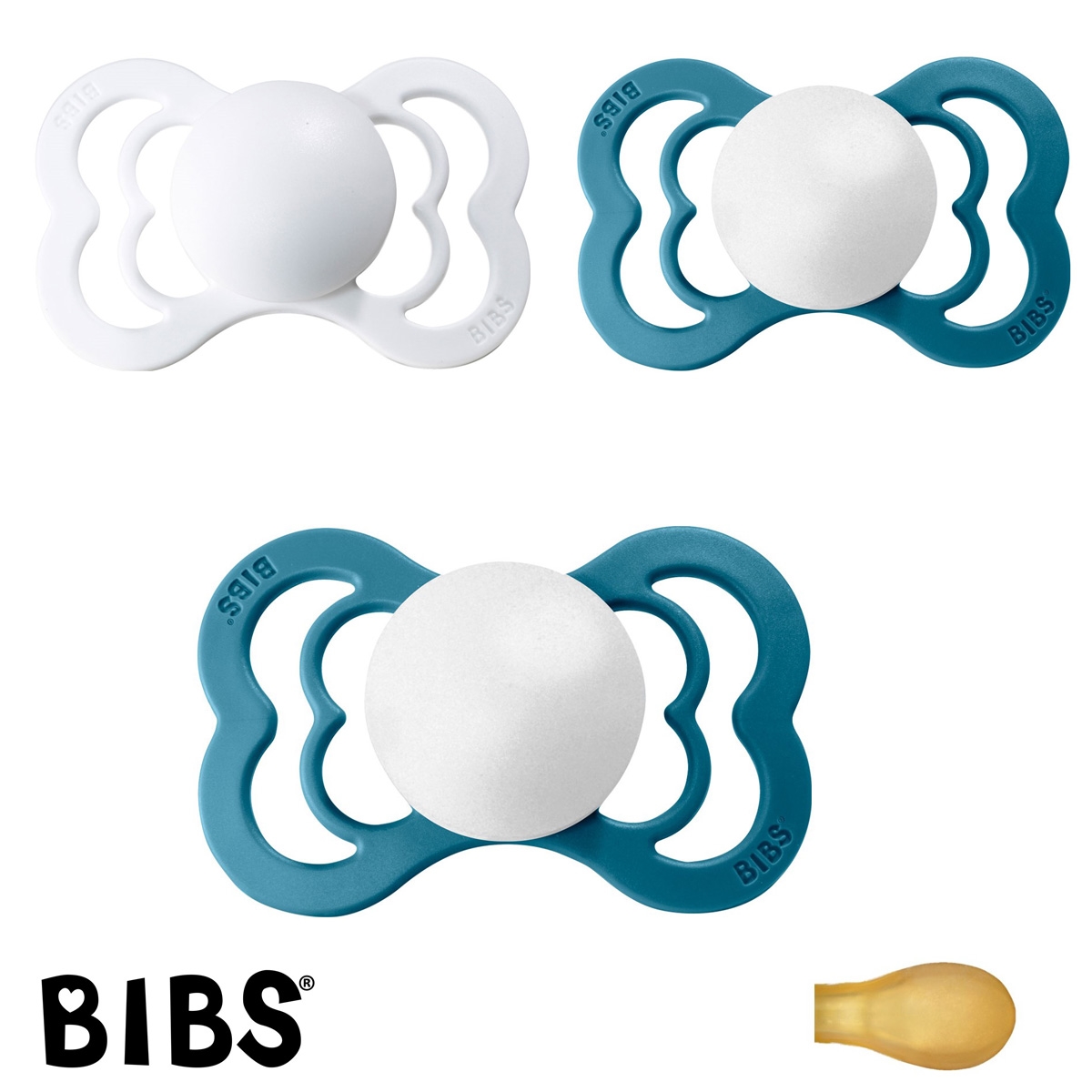 BIBS Supreme Sutter med navn, 2 Dark Teal, 1 White, Symmetrisk Latex str.2 Pakke med 3 sutter